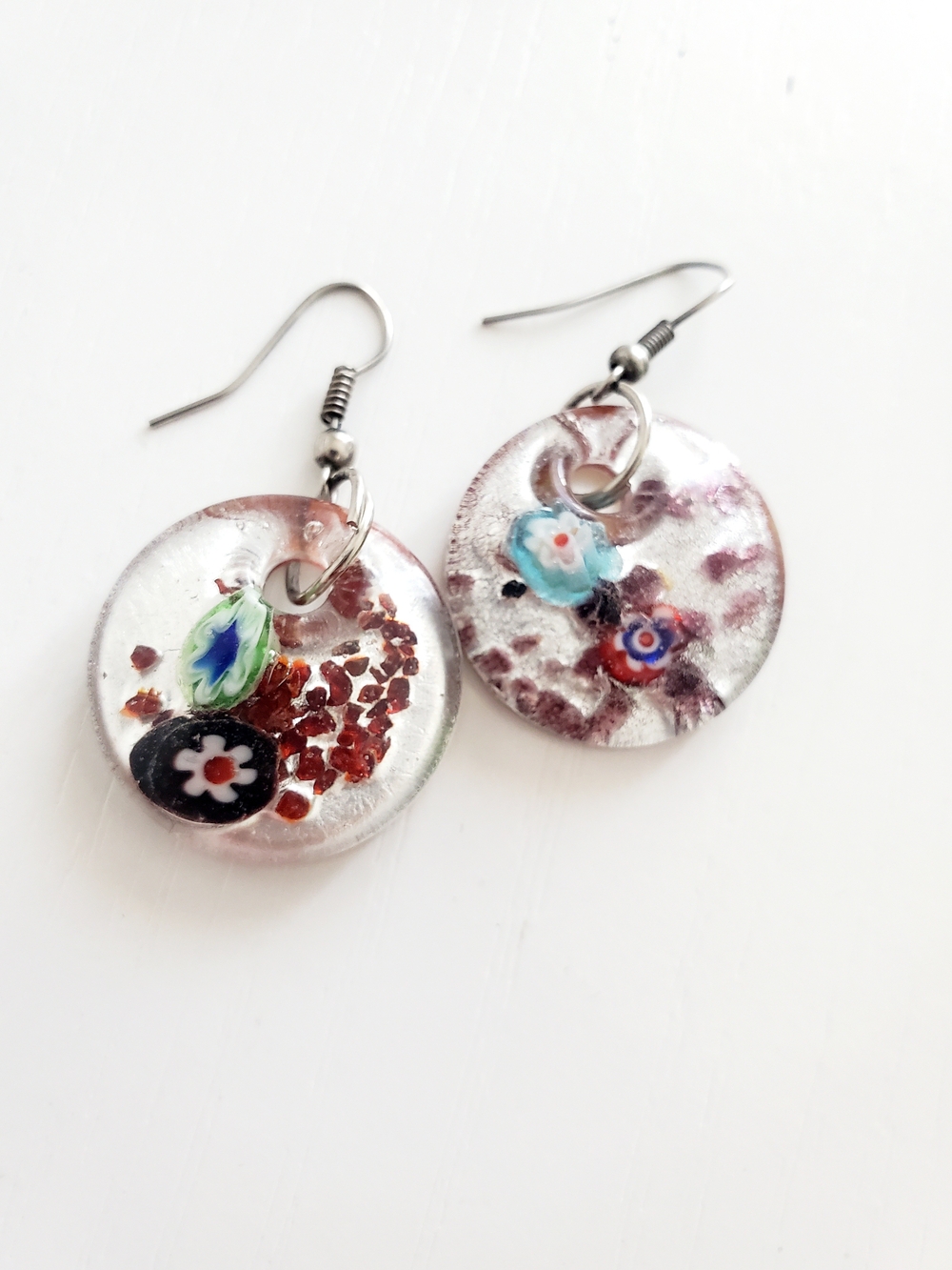 Murano Millefiori Drop Earrings with Blue and Black Floral Accents